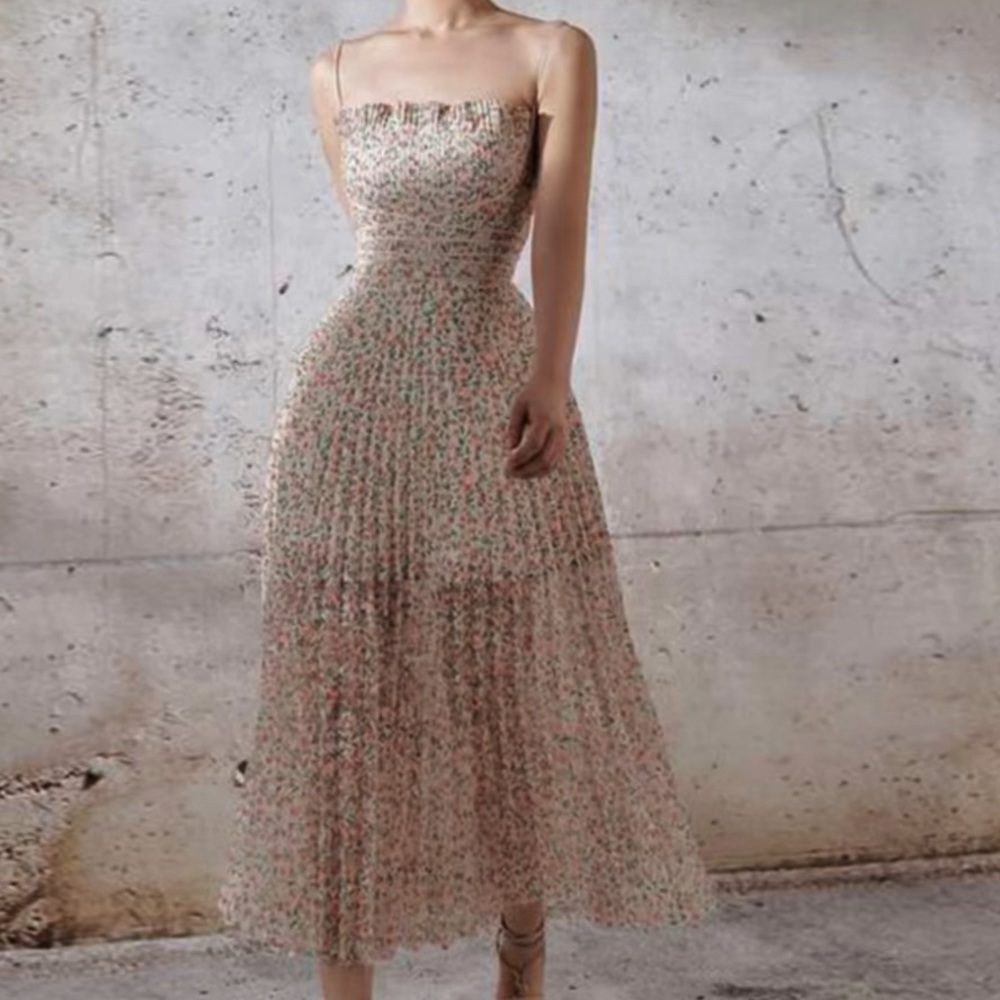 Peteiolè Dusk Runway Midi Dress With Faux Tie Empire Waist + Spaghetti Straps - Picture 3 of 12